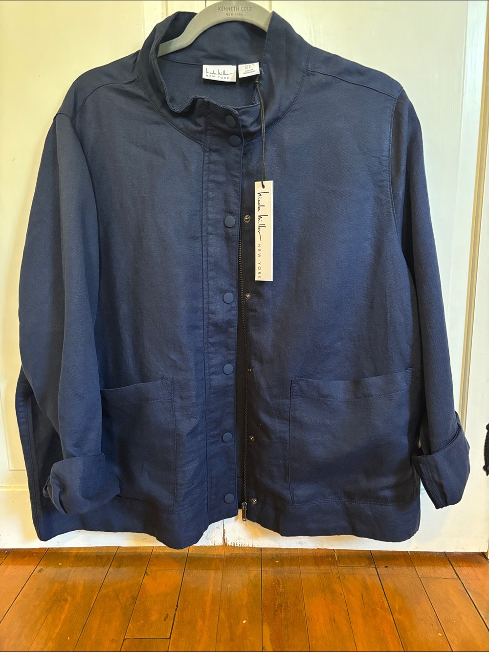 Linen-Blend Navy Utility Jacket with Snap Front